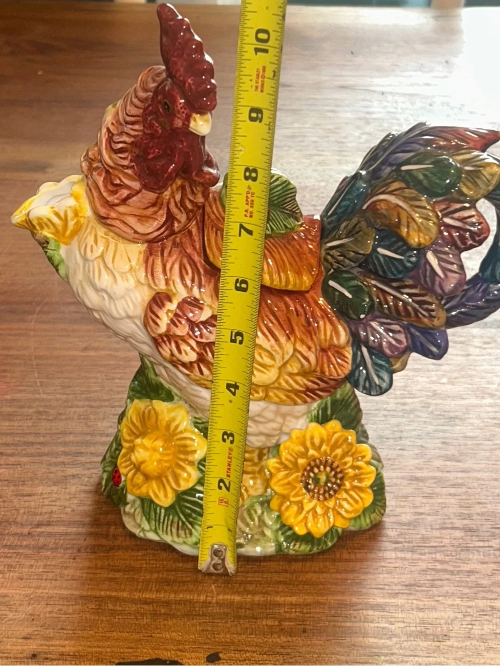 Ceramic Rooster chicken Pitcher Nestled in Sunflowers Ladybugs Colorful 10.5